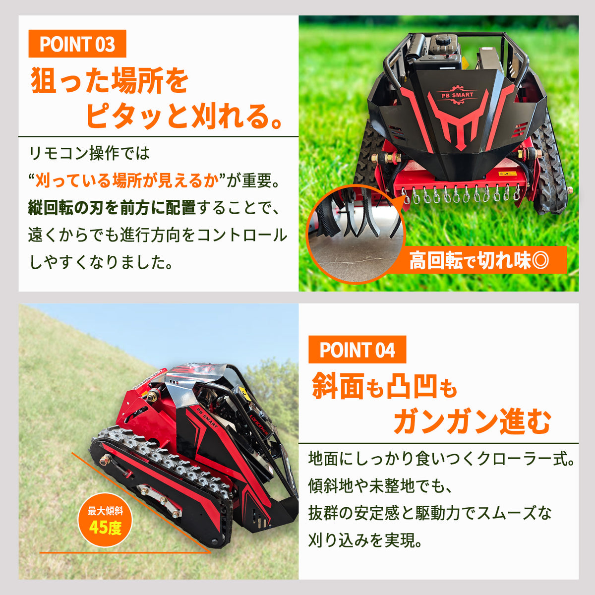 PB SMART｜ラジコン草刈機 縦回転 ハンマーナイフ｜自走式 ガソリンと電気のハイブリッド設計 最大勾配45° 最大600m遠隔操作可能 リモコン式